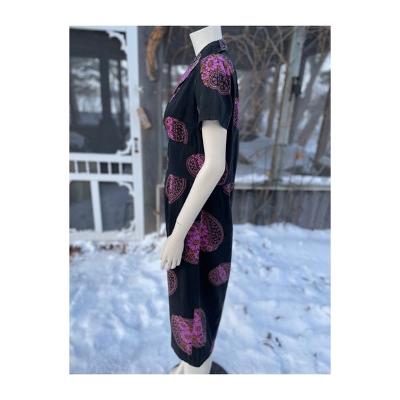 60s Cotton Day Dress Midi Groovy Floral Paisley Print Black Pink Yolk Waist - Picture 5 of 16
